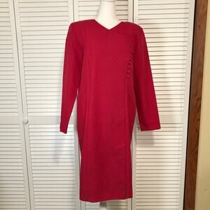 Bedford Fair Vintage 80s Red V-neck Long-Sleeve Sheath Midi Dress 15